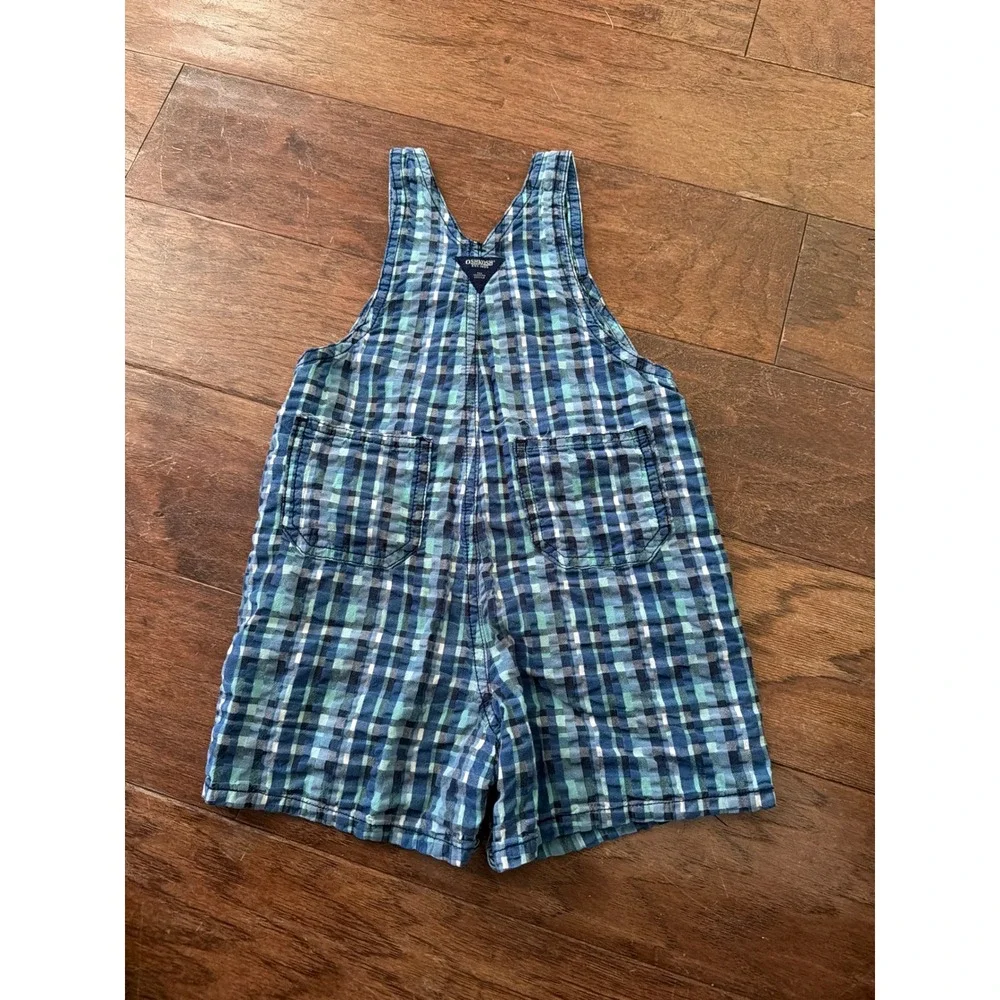 Vintage OshKosh Bgosh Boy Blue Green Plaid Cotton Shortalls Overalls 12 Months